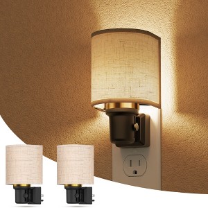 YANSUN 2-Pack 1W Plug-In Light Sensor Night Lights with Gold Ring Fabric Shade, Warm Light 2700K, Slide Dimming (0%-100%) - 1 of 4