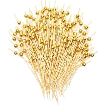 Okuna Outpost 150 Pack Bamboo Toothpicks with Gold Pearl, Cocktail Picks for Appetizer (4.7 Inches)