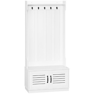 HOMCOM Modern Hall Tree, Entryway Coat Rack with Shoe Bench, 5 Hooks, Storage Shelf and Slatted Door Cabinet for Hallway, White - 1 of 4