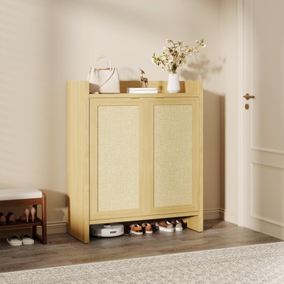 Rattan Shoe Cabinet for Entryway, 5 Tier Wooden Shoe Organizer with Adjustable Shelf, 41" Tall Freestanding Shoe Rack for Hallway Living Room