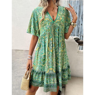 Coolmee Womens Dresses Boho Floral V Neck Short Sleeve Smocked Elastic Waist Casual A-Line Swing Mini Dress Sundress