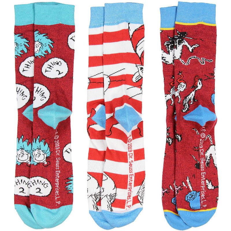 Dr. Seuss Socks Adult Cat In The Hat Thing 1 Thing 2 3 Pack Mid-Calf Crew Socks Multicoloured, 3 of 6
