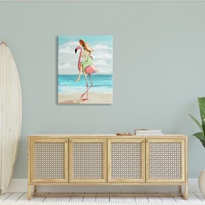Beach Woman Riding Pink Flamingo Tropical Bird Canvas Art, 30 x 40