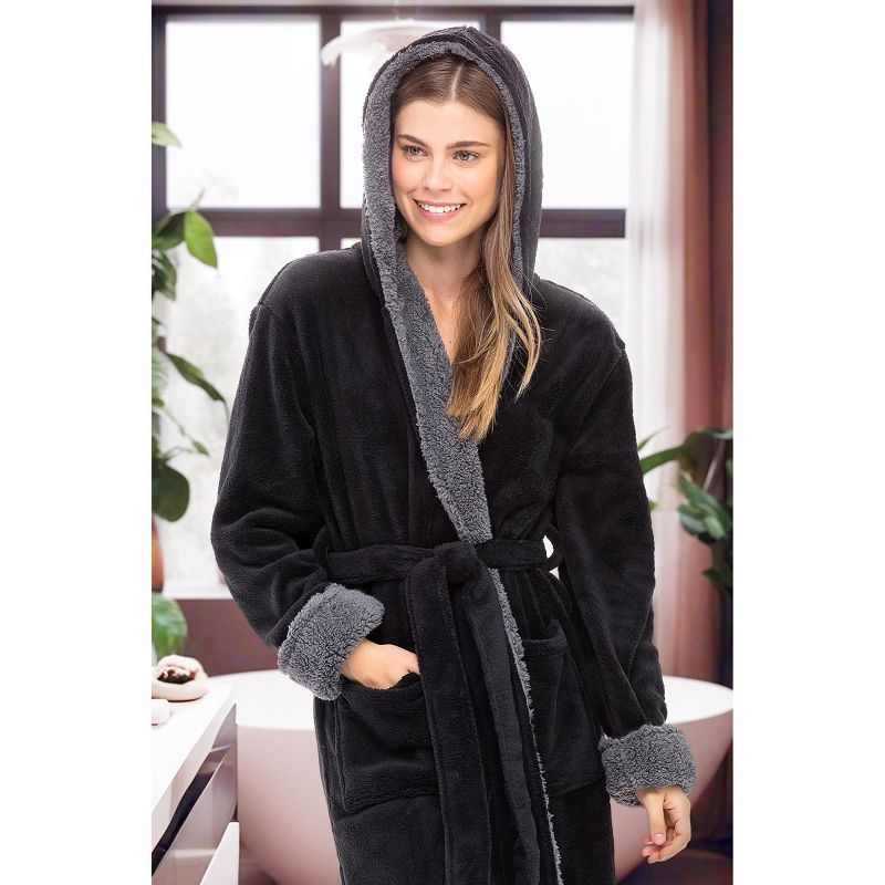 Women's Warm Robe, Plush Fleece Full Length Long Hooded Bathrobe, 6 of 8