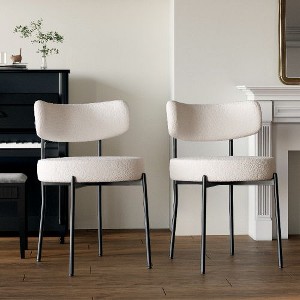Kumasinova Mid-Century Upholstered Dining Chairs, White Teddy Kitchen Chairs with Curved Backrest, Black Metal Legs, Round Thickened Cushions - 1 of 4