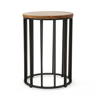 GDFStudio Bedford Outdoor Acacia Wood Cage Side Table, Antique Natural/Black Brushed Copper