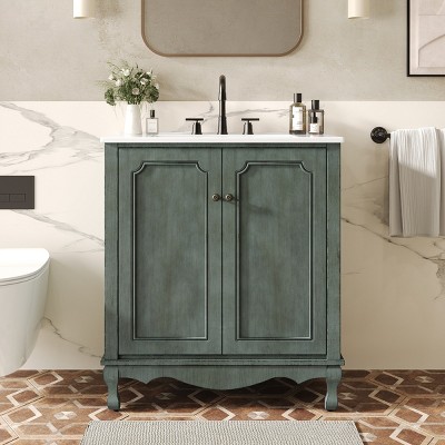 30" Vintage Bathroom Floor Cabinets With Rectangle Ceramic Sink,2-Doors Bathroom Floor Cabinet With Adjustable shelves-Cuddlewood