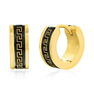 Metallo Stainless Steel 13mm Greek Key Hoop Earrings - Black & Gold - Gold - 1 of 2
