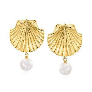 Ross-Simons 18kt Gold Over Sterling Seashell Drop Earrings With 9.5-10mm Cultured Pearls - 1 of 3