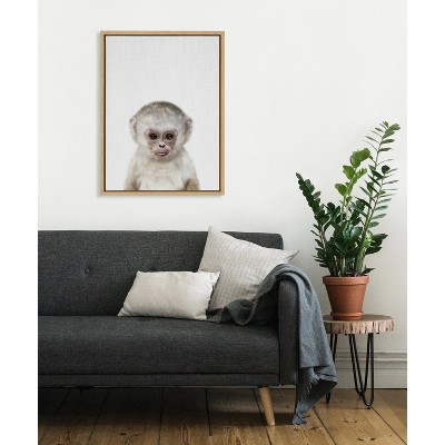 Natural Framed Canvas Art with Monkey Print for Kids
