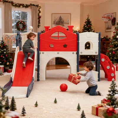 Sandinrayli 8-In-1 Toddler Slide and Climber Playset, Kids Slide Playground with Tunnel, Red/Green/Gray