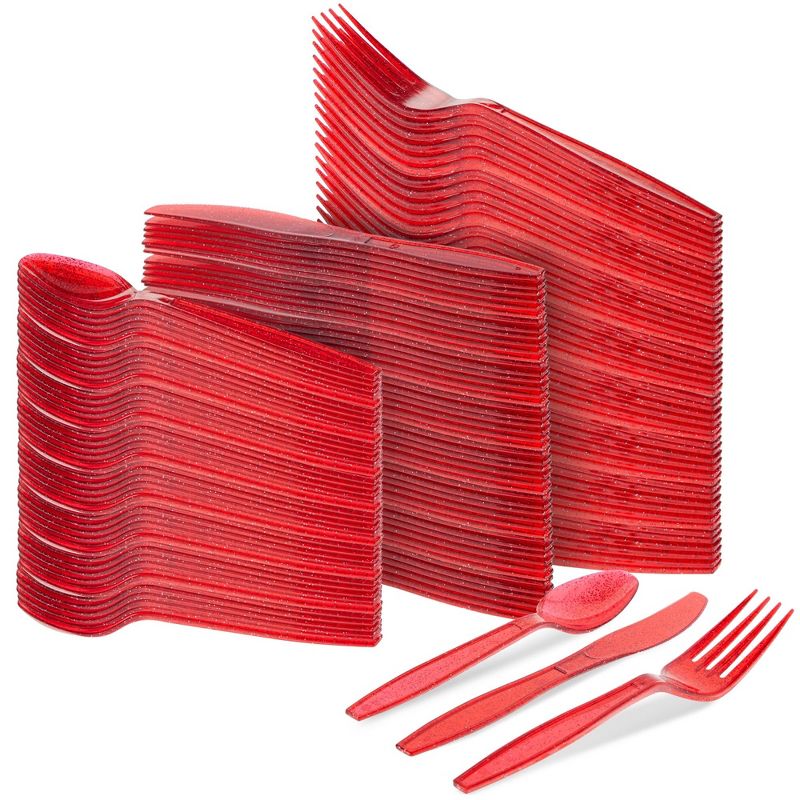 Juvale 144 Pieces Plastic Silverware Cutlery Utensils Set with Forks, Knives, Spoons for Birthday Party Supplies, Red Glitter, 4 of 7