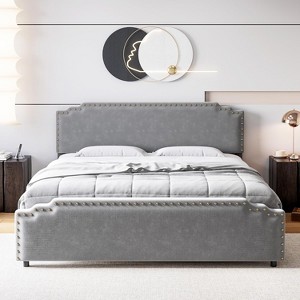 King Bed Frame with Rivet Decorate Headboard and Tailboard,Platform Metal Bed Frame with Velvet Upholstered Headboard,No Box Spring Needed,Grey - 1 of 4