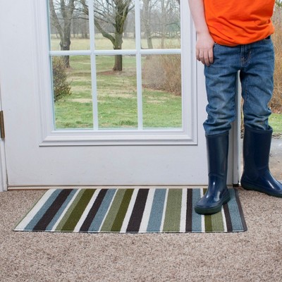 Green and Blue Striped Tufted Outdoor Door Mat 29" x 18"