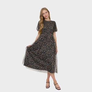 August Sky Women's Smocked Floral Mesh Midi Dress - 1 of 4