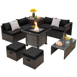 Tangkula 9 Pieces Furniture Set w/ 50,000 BTU Propane Fire Pit Table Patio Black - 1 of 4