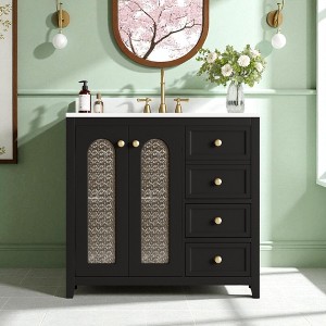 36" Bathroom Vanity with Ceramic Sink, 3 Drawers, 2 Soft-Close Doors, Adjustable Shelf & Gold Handles, Solid Wood Cabinet - 1 of 4