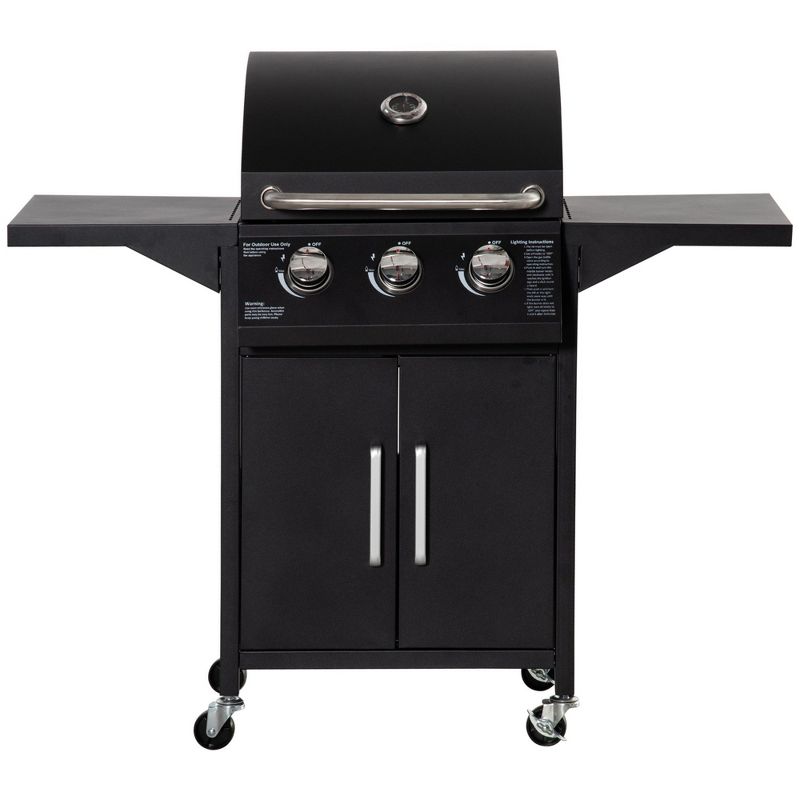 Outsunny 3 Burner Portable Gas Grill w/ Wheels, Outdoor Steel Propane Barbecue w/ Warming Rack, Shelves, Storage Cabinet, Thermometer, Black, 1 of 7