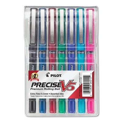 Pilot Precise V5 Roller Ball Stick Pen, Needle Point, 0.5mm Extra Fine - Assorted Inks (7 Per Pack)