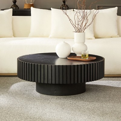 Modern Round Coffee Table with Sintered Stone Top and Drum Base, Small Accent Table for Living Room, Bed Room or Apartment-Tanpinhause