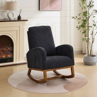 Nursery Rocking Chair With Side Pockets, Upholstered Modern Accent Glider Rocker Chair With High Backrest For Bedroom Living Room