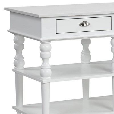 White Marble Top Kitchen Island with Turned Legs and Shelves