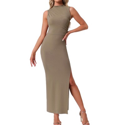 INSPIRE CHIC Women's Mock Neck Sleeveless Ruched Front Side Slit Party Bodycon Maxi Dress