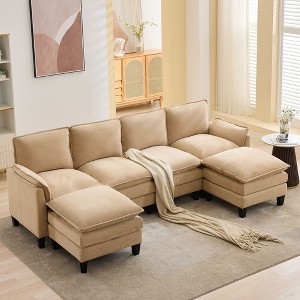 HYLEORY 100.79'' Width Modern Linen Flannel Fabric U-Shaped Sectional Sofa with Ottoman for living room - 1 of 4