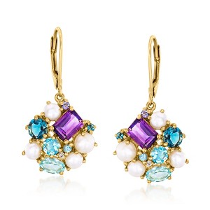 Ross-Simons 4-5mm Cultured Pearl and 4.71 ct. t.w. Multi-Gemstone Drop Earrings in 18kt Gold Over Sterling - 1 of 3