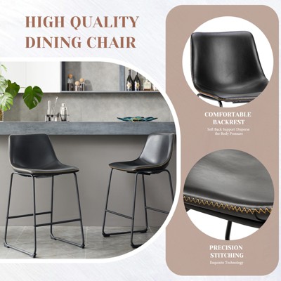 Black Faux Leather and Metal Counter Height Bar Stools, Set of 2