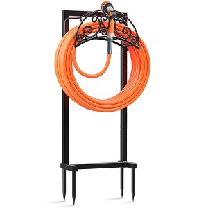 Angel Sar Freestanding Garden Hose Holder with Circular Pattern, Heavy-Duty Metal Hose Stand with 4 Ground Spikes for Outdoor Use, Black - 1 of 4