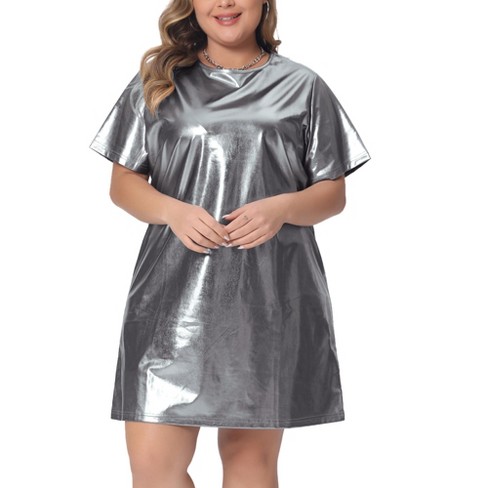 Agnes Orinda Women's Plus Size Metallic Round Neck Short Sleeve Party Loose  Mini T-Shirt Dress Silver 3X