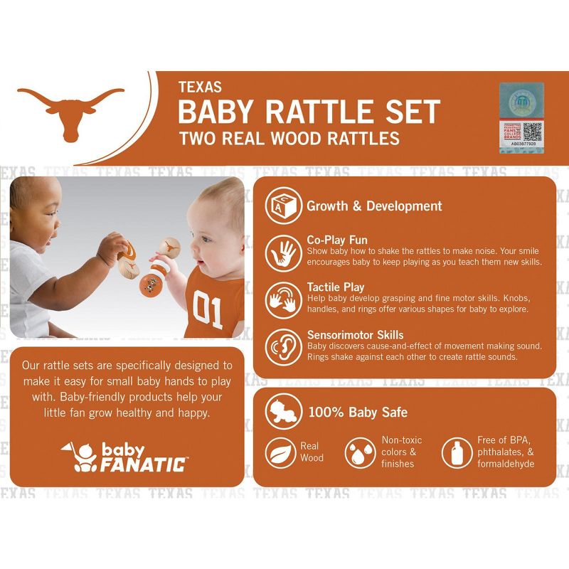 Baby Fanatic Wood Rattle 2 Pack - NCAA Texas Longhorns Baby Toy Set, 3 of 5