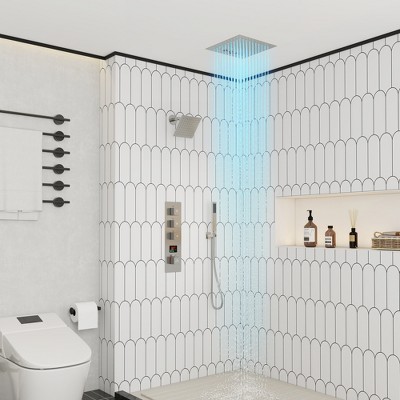 Brushed Nickel Dual Shower Head System with LED and Bluetooth