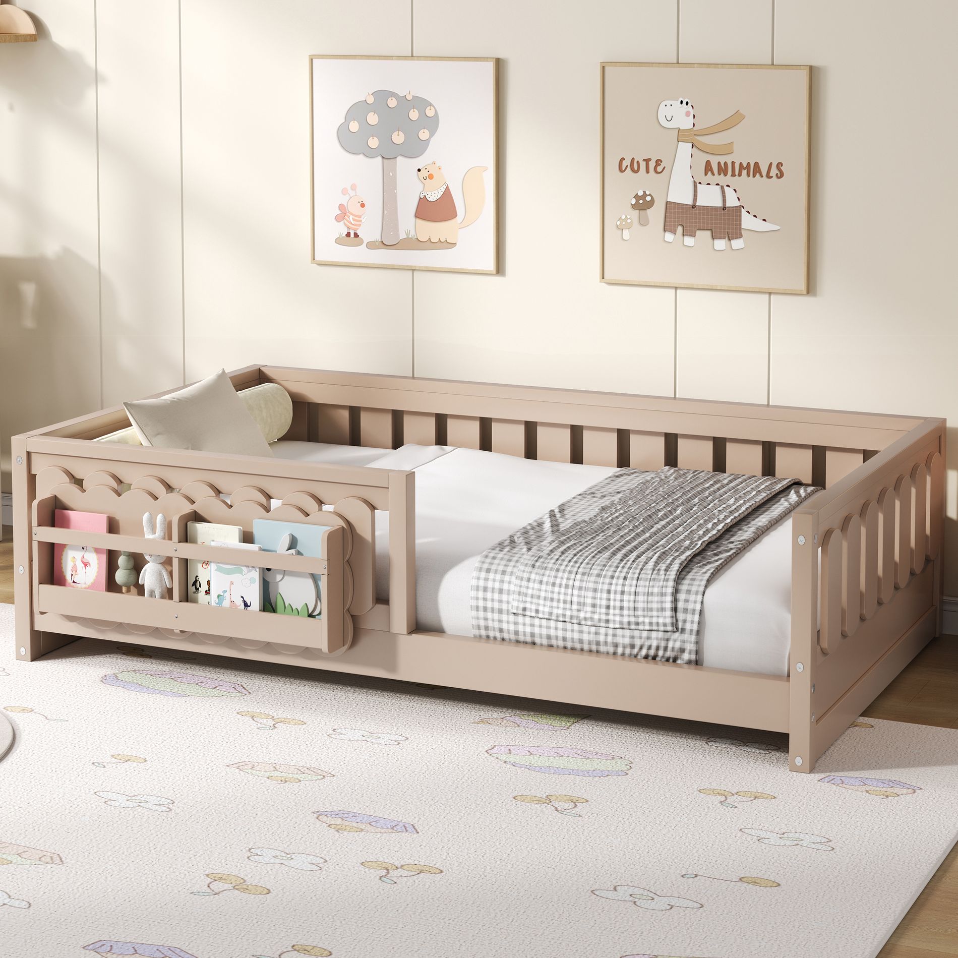 Twin/Full Size Kid Platform Bed Frame Toddler Bed with Guardrail and Storage Shelves - ModernLuxe