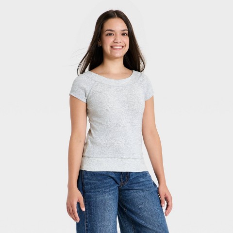 Art Class Girls' Boatneck Banded Short Sleeve Knit Top - art class™ Heather Grey S