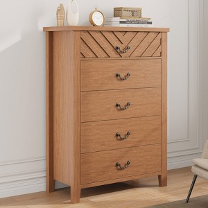 5 Drawer Dresser for Bedroom, 45.2" Tall Brown Chest of Drawer with V Shape Design, Modern Wooden Closet Nightstand for Living Room Entryway Nursery - 1 of 4