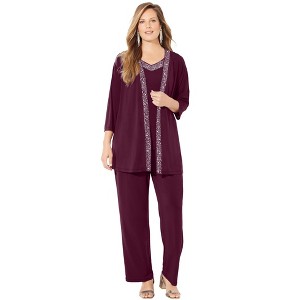 Catherines Women's Plus Size Beaded 3-Piece Cardigan Pant Set - 1 of 4