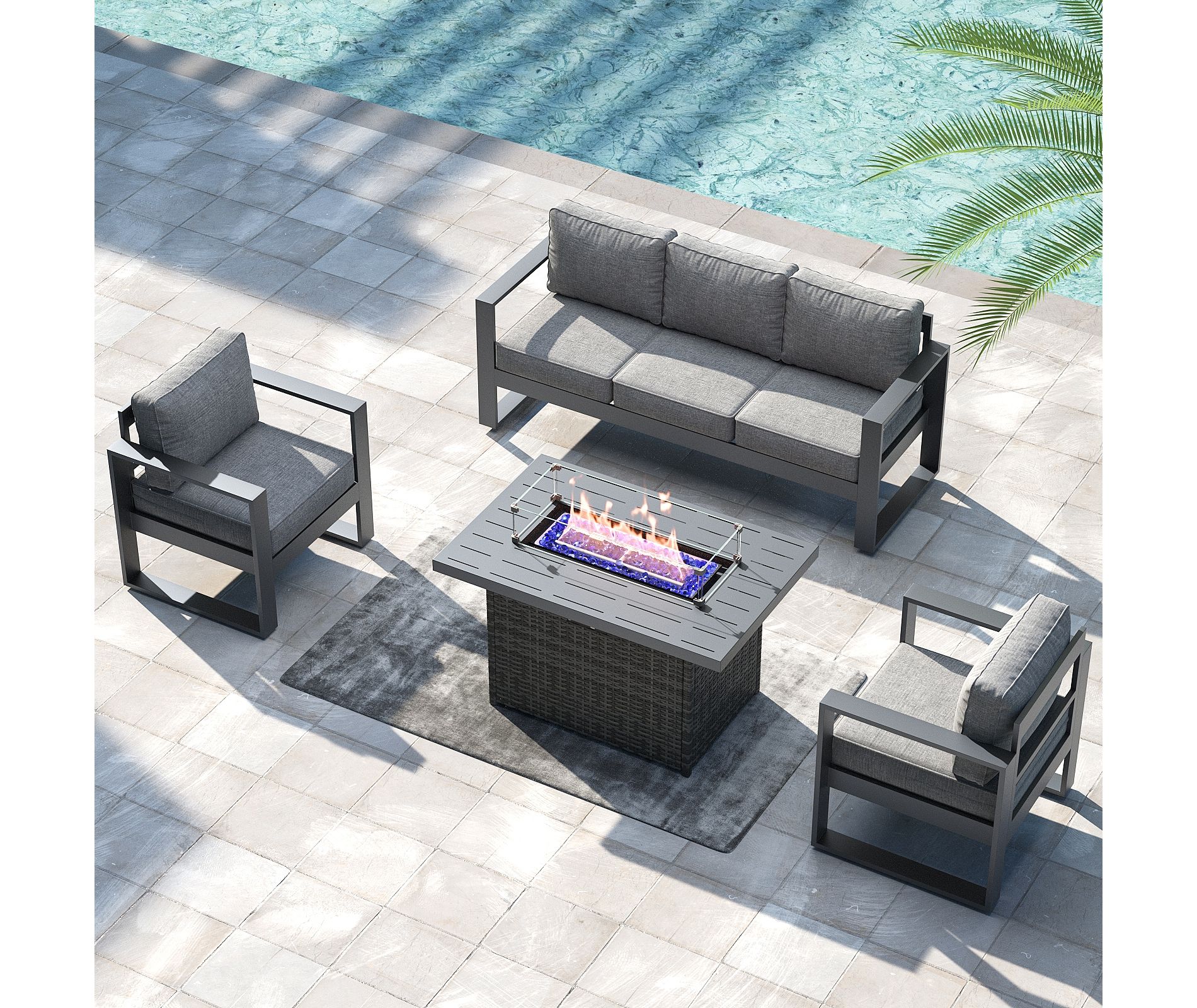 LayinSun 4 Pieces Aluminum Outdoor Patio Furniture Set, Metal Modern Conversation Sofa Set with Fire Pit Table and Washable Thick Cushions