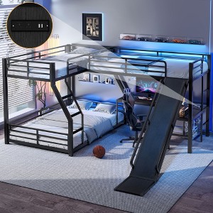 L-Shaped Twin over Full Bunk Bed with Twin Size Loft Bed, Metal Triple Bunk Bed with Slide and USB Ports, Black - 1 of 4