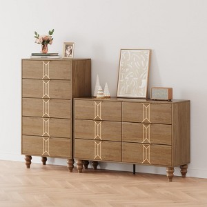 5 Drawer Dresser with Deep Drawers for Bedroom, Modern Wooden Chest Dresser with Deep Drawers with Vintage Pattern Design,Oak and Gold - 1 of 4