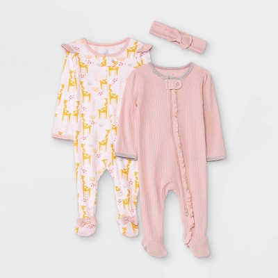 Image of Baby Girls' 2pk Giraffe Sleep N' Play with Headwrap - Cloud Island™ Light Pink 0-3M