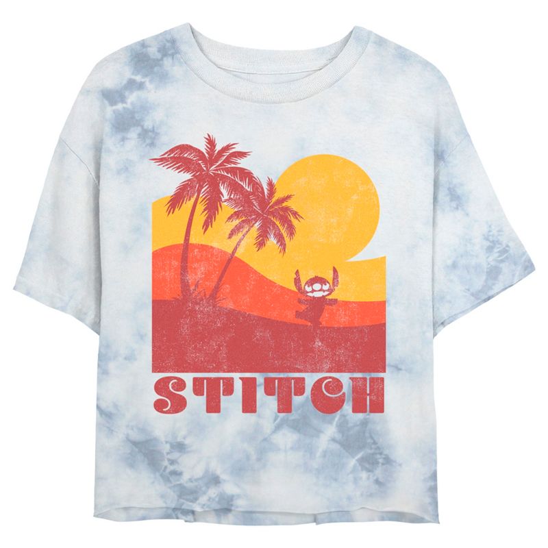 Juniors Womens Lilo & Stitch Colorblock Sunset Stitch Crop T-Shirt, 1 of 4