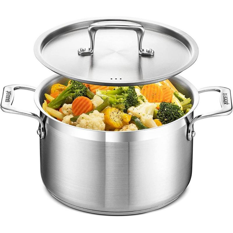 Bakken- Swiss Stockpot Brushed Stainless Steel Induction Pot with Lid and Riveted Handles, 1 of 2