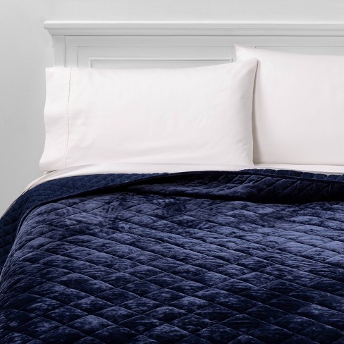 Full Queen Diamond Stitch Velvet Quilt Navy Threshold Target