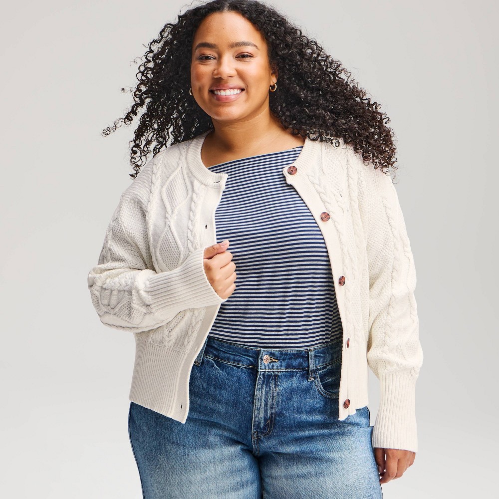 Women's Crewneck Heritage Cable Cardigan Sweater - Wild Fable™ Cream 4X