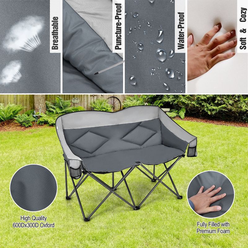Costway Folding Camping Chair Loveseat Double Seat w/ Bags & Padded Backrest Gray\Blue, 5 of 11