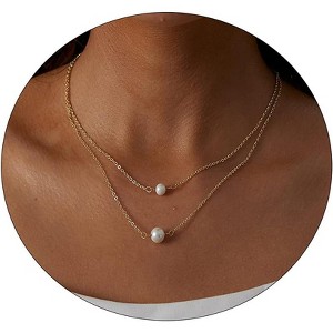 Pearl Pendant Necklace for Women, 14K Gold Plated Handmade Layered Chain - 1 of 4