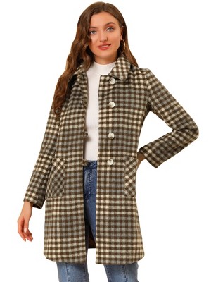 Allegra K Women's Turnover Collar Winter Elegant Long Plaid Coat