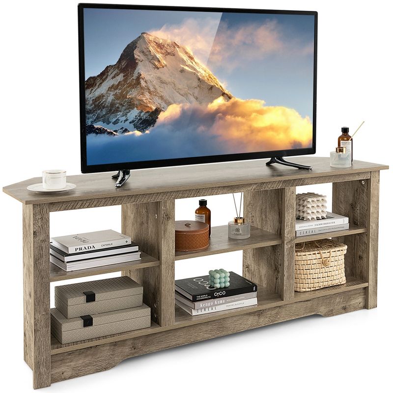 Costway 58" TV Stand with 6 Open Storage Shelves Shelf for 18 inch Fireplace(not included) Black/Grey, 1 of 11
